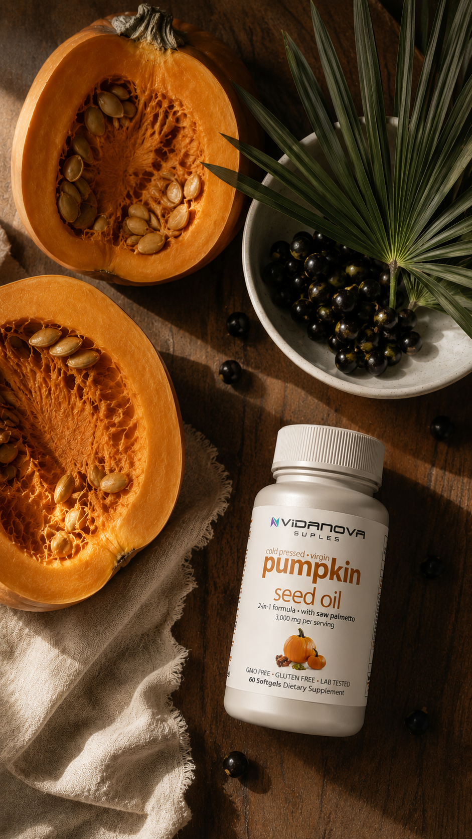 Hombre chileno con frasco Pumpkin Seed Oil en mesa de noche