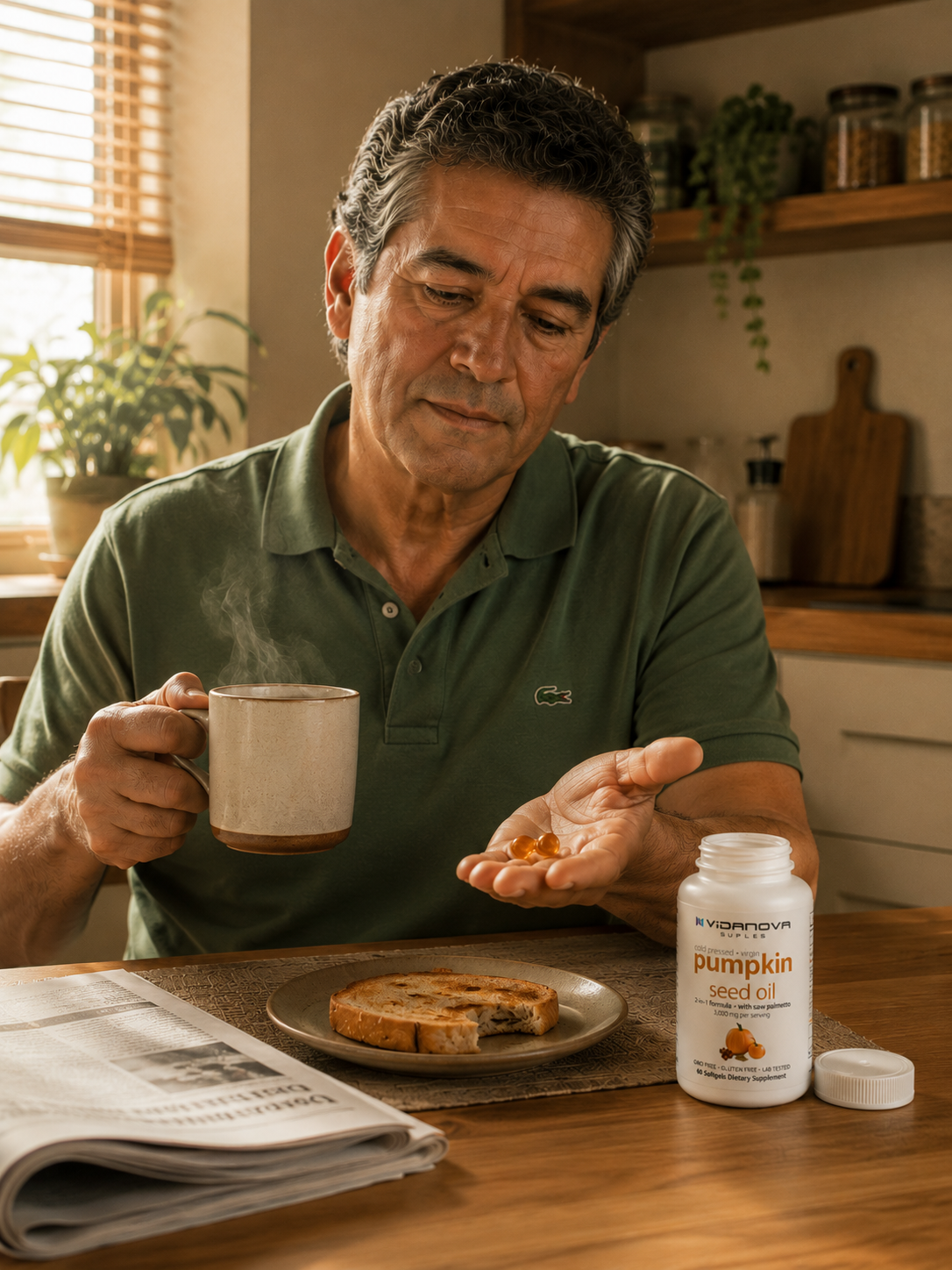 Hombre tomando Pumpkin Seed Oil en la manana